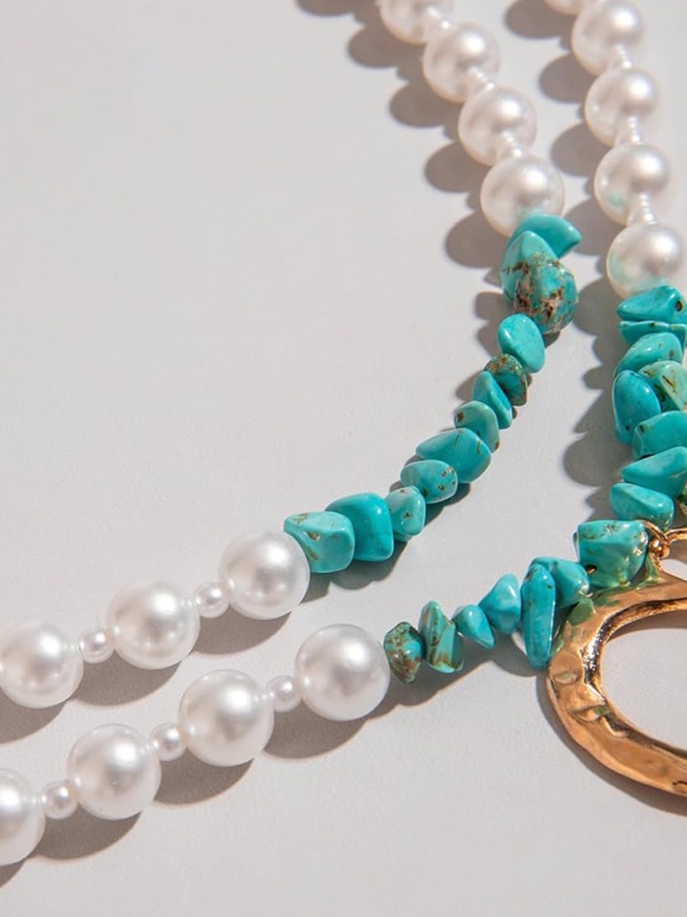 Anthropologie White Pearl & Turquoise Chip Necklace with Gold Heart Pendant - Picture 2 of 5
